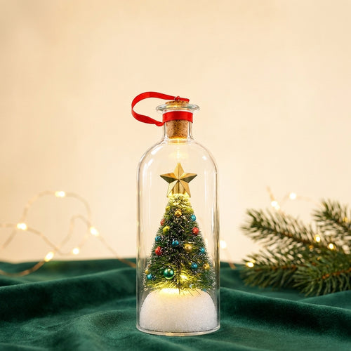 Record-a-Message Christmas Tree glowing in its glass bottle