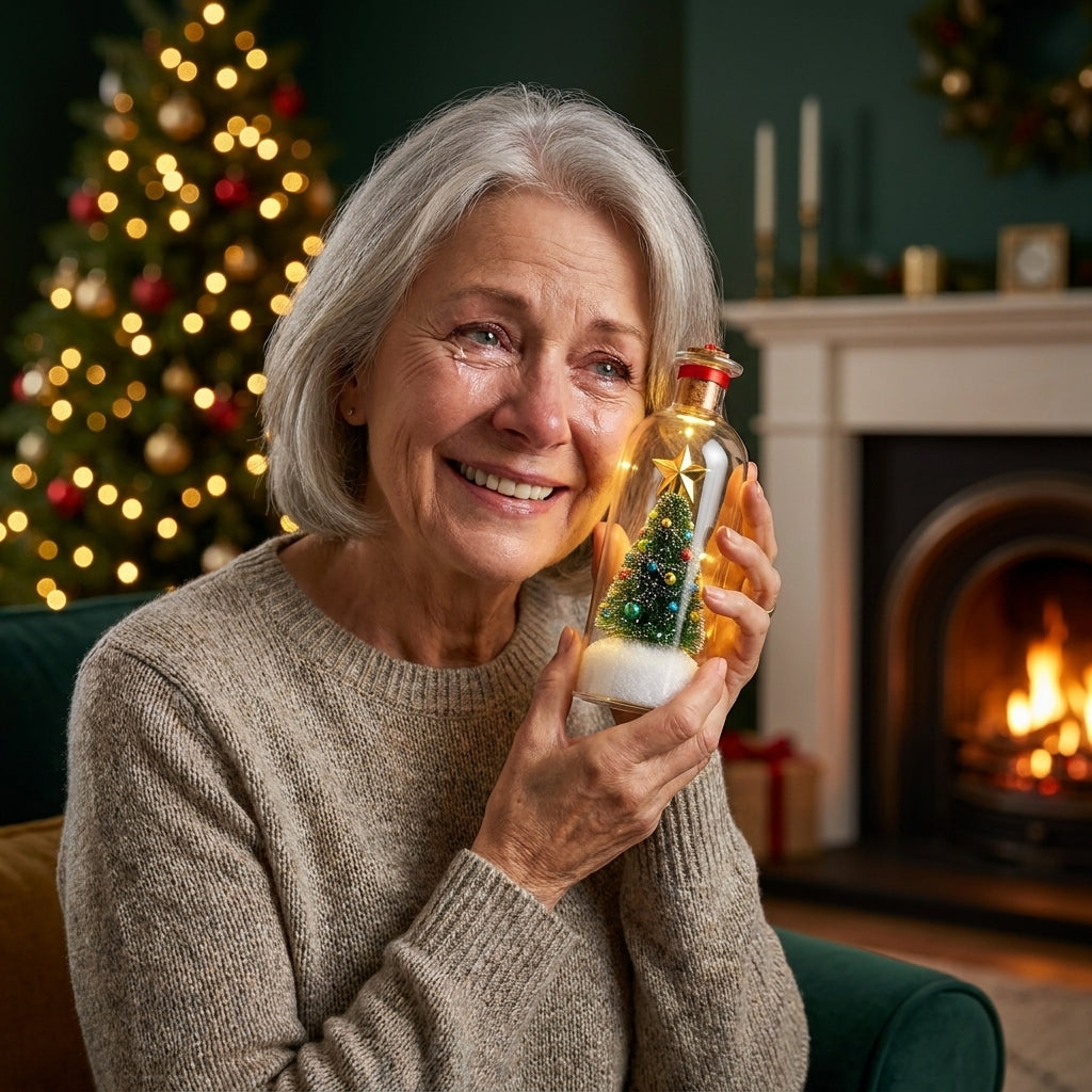 Grandmother listening to a recorded Christmas message